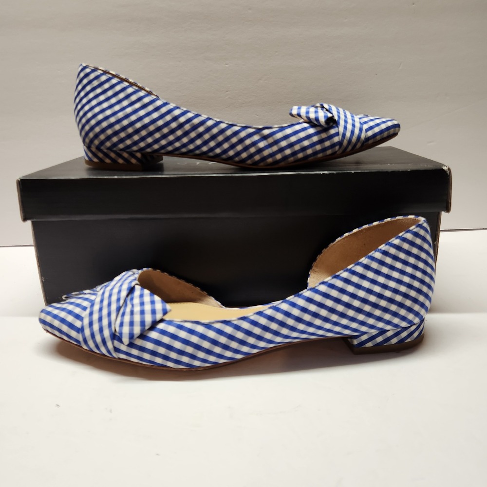 Talbots Edison D'Orsay Bow Flats Blue Gingham Fabric Leather Sole Womens 8M